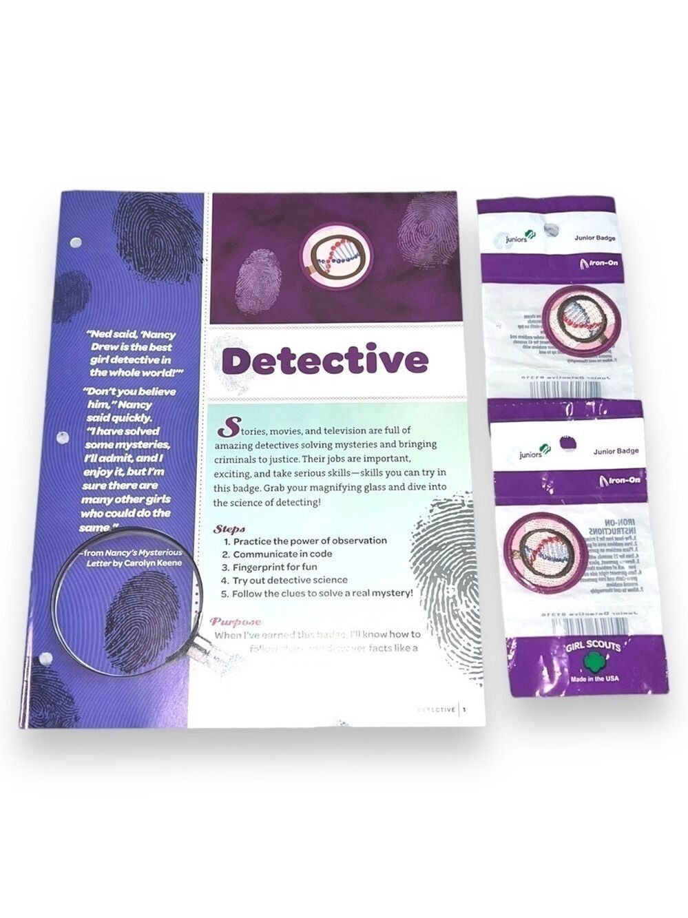 Girl Scout Junior Detective Badge Requirement Pamphlet and 2 badges